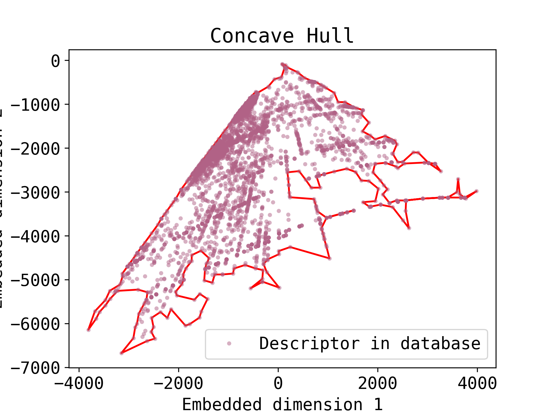 Figure showing database descriptors embedded space with concave hull.